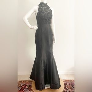 Black halter gown, lace bodice, open back, mermaid hem, Aqua dresses, made in US